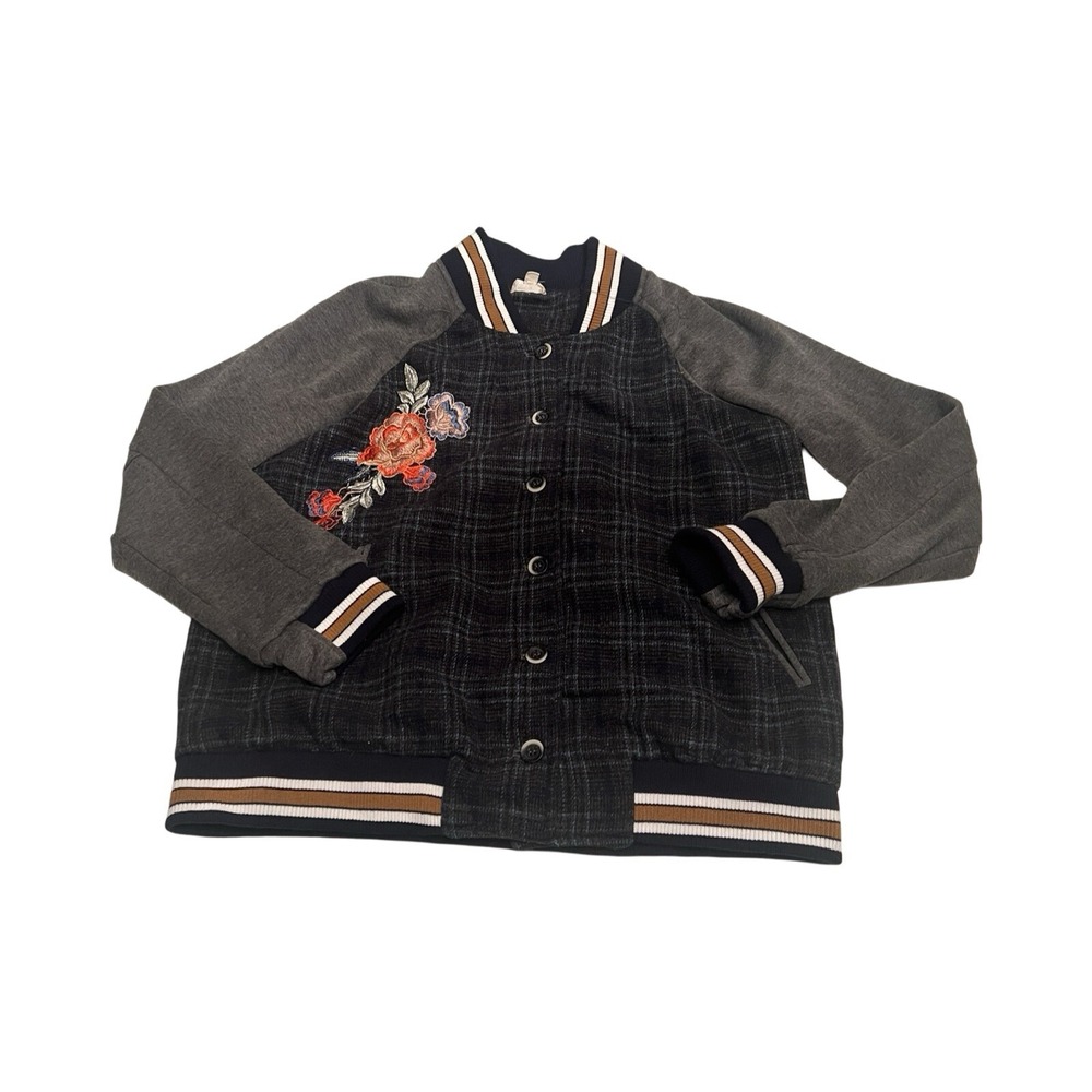 Hem & Thread‎ Womens Plaid Floral Embroidered Varsity Bomber Jacket Grey Navy L
